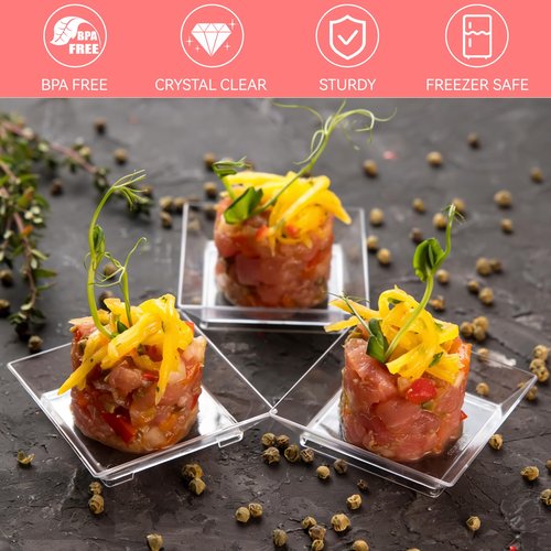 Qeirudu 100 Pack 1 oz Mini Dessert Plates - Small Plastic Appetizer Plates with Spoons Reusable Square Individual Serving Trays for Hors D'oeuvres