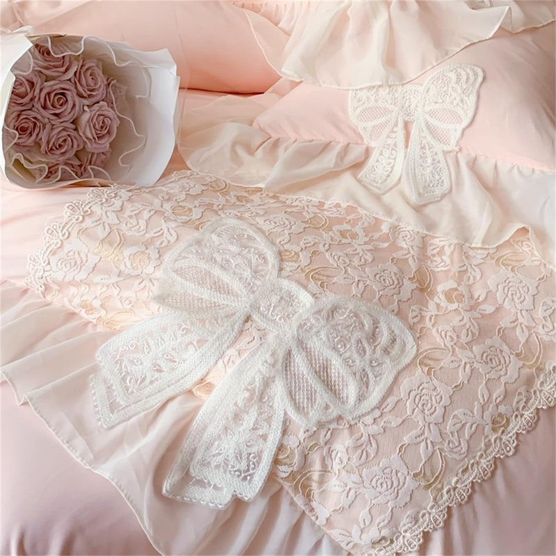 MOOWOO Chic Ruffle Lace Twin Duvet Cover Set-Bow Duvet Cover with Butterfly Tie-2 Piece Comforter Duvet Cover with Zipper Closure,Coquette Room Decor-Pink,Full Size