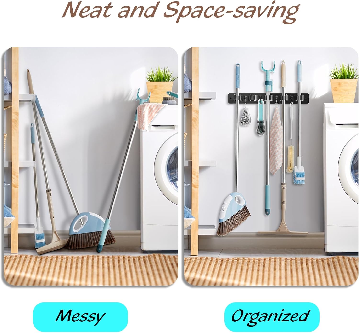 OUTNILI Mop and Broom Holder Wall Mount - Black Organizer Rack with 5 Slots & 4 Hooks for Garage, Kitchen, Laundry Room