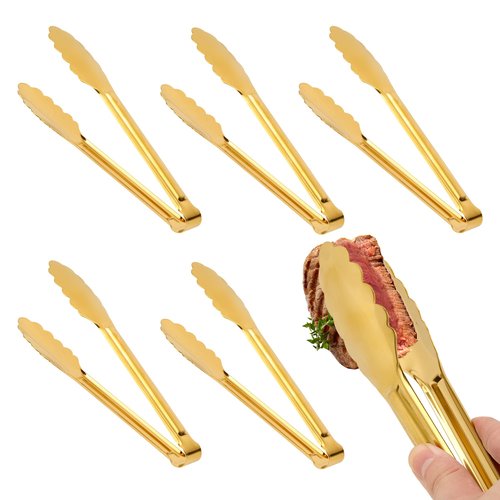 5 Pack Gold Serving Tongs Salad Tongs 9 Inch Buffet Tongs Stainless Steel Food Tong Serving Utensils for Buffet Wedding Party Catering (9 Inch, Gold)