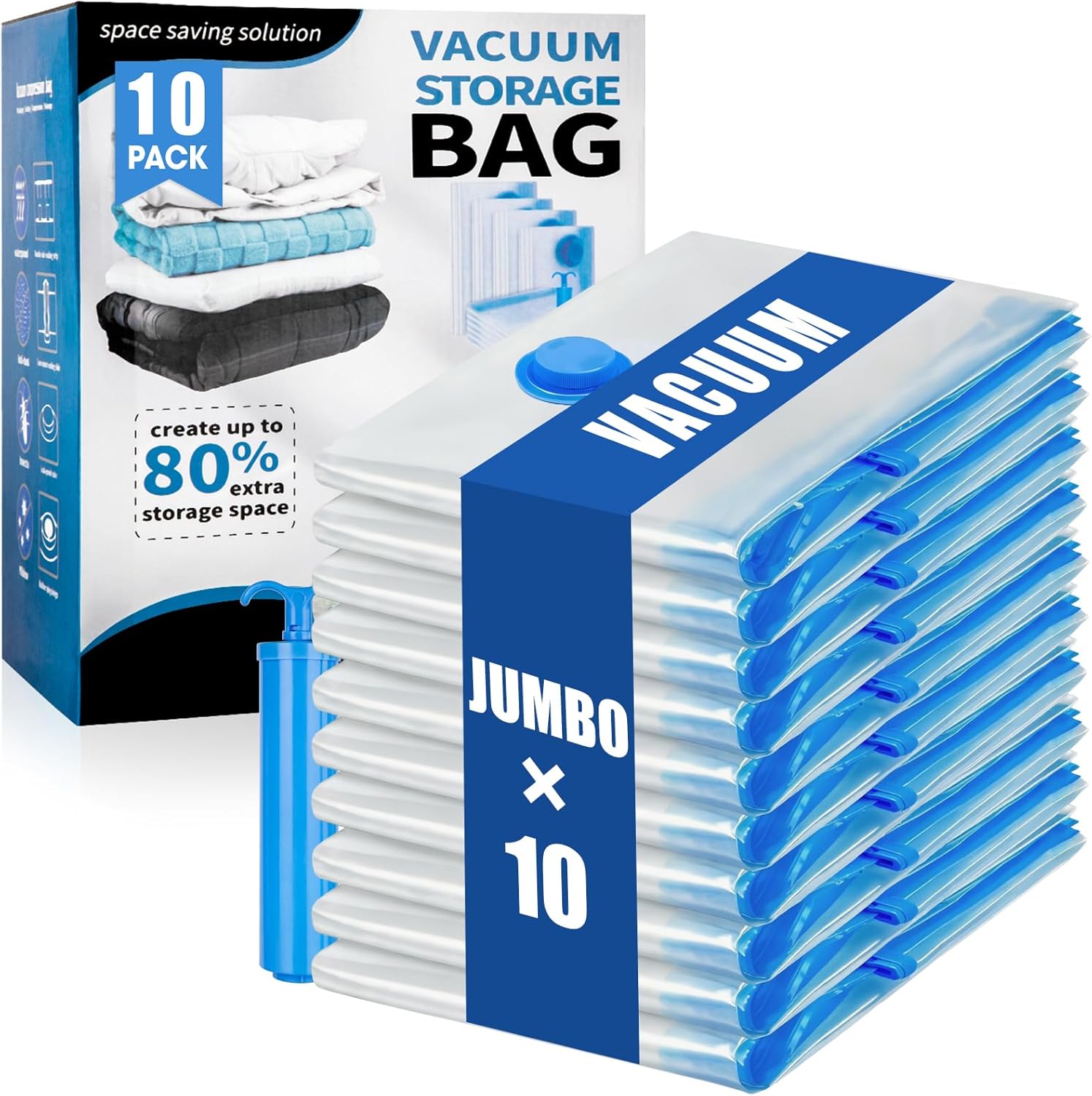 Skiennix Jumbo Vacuum Storage Bags - Extra Large Compression Bags for Clothing & Bedding | Includes Hand Pump