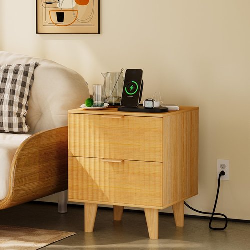 Urban Deco Fluted Nightstand with Charging Station, Mid Century Modern Nightstand, Wooden Side Table with 2 Fluted Drawers, End Table with Solid Wood Legs for Bedroom, 15.4 x 15.4 x 22.8 in (Natural)