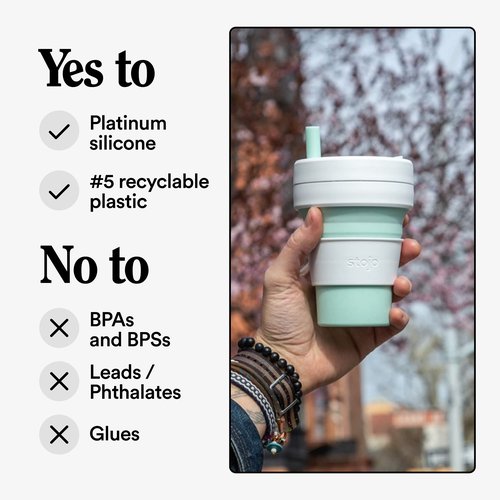 STOJO Collapsible Travel Cup Gift Set With Straw - 2-Pack, Mint Green & Quartz White, 16oz / 470ml - Reusable To-Go Pocket Size Silicone Cup for Hot and Cold Drinks - Microwave & Dishwasher Safe