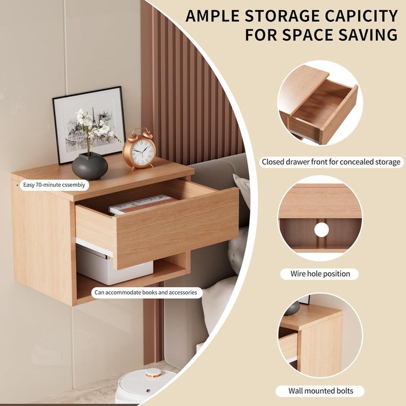 Floating Nightstand, Modern Wall Mounted Bedside Table with Drawer, Wood Bedside Shelf & Desk, End Table Wood Modern Night Stand for Bedroom (Beech QD1, Set of 1)