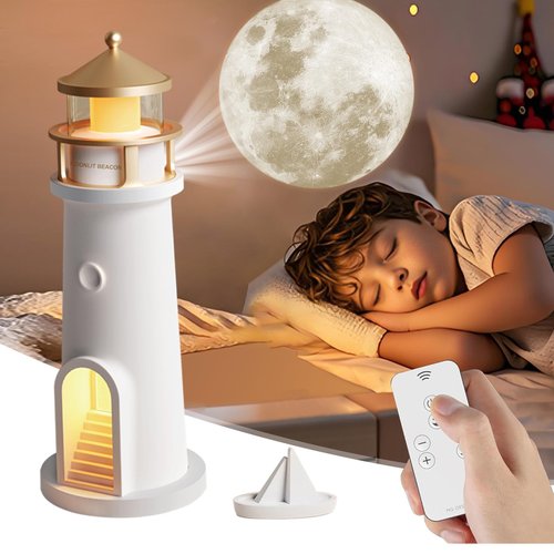 Lighthouse Table Lamps with Remote - Ultra HD Realistic Moon Projection, Flicker-Free Soft Warm White Light, 4 Brightness Adjustable &Timer, Rechargeable Nautical Bedside Lamp for Bedroom Living Room