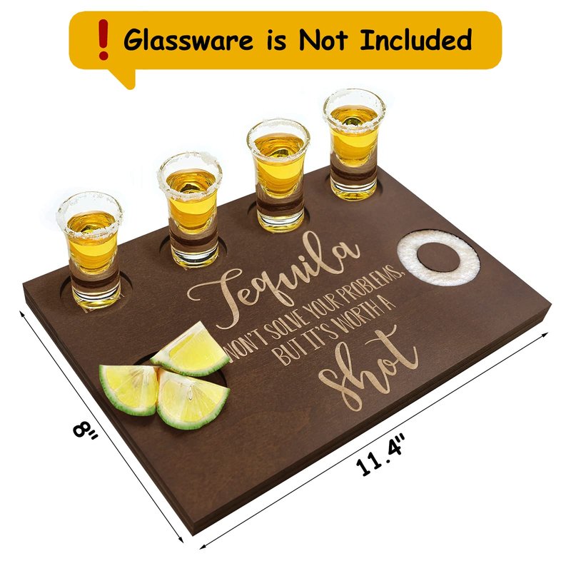 Tequila Gifts for Women and Men - Shot Board and Glass Holder Wooden Bar Tray with Salt Rim - for Liquor, Parties, Weddings, Housewarmings