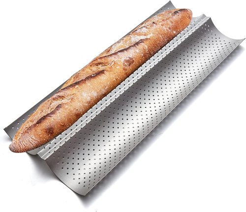 KITESSENSU Nonstick Baguette Pans - Perforated Bakery Tray for 2 Loaves, 15" x 6.3", Silver