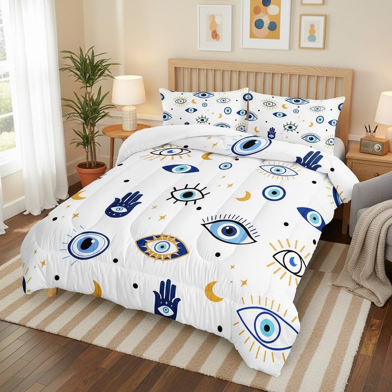 AILONEN Evil Eye Comforter Set Queen Size, Modern Evil Eye Bed in a Bag for Kids Girl,Beautiful Boho Style Bedding Set,3 PCS,1 Quilt and 2 Pillowcases,All Season,Ultra Soft