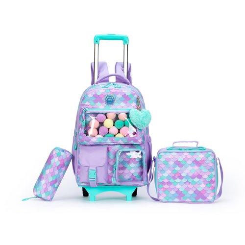 Inprof Girls 3 in 1 Rolling Backpack for School Girls Backpack with Wheels Girls Backpack with Lunch Box Set Kids Suitcase for Girls Elementary School Roller Bookbag Kids Travel bag with Wheels