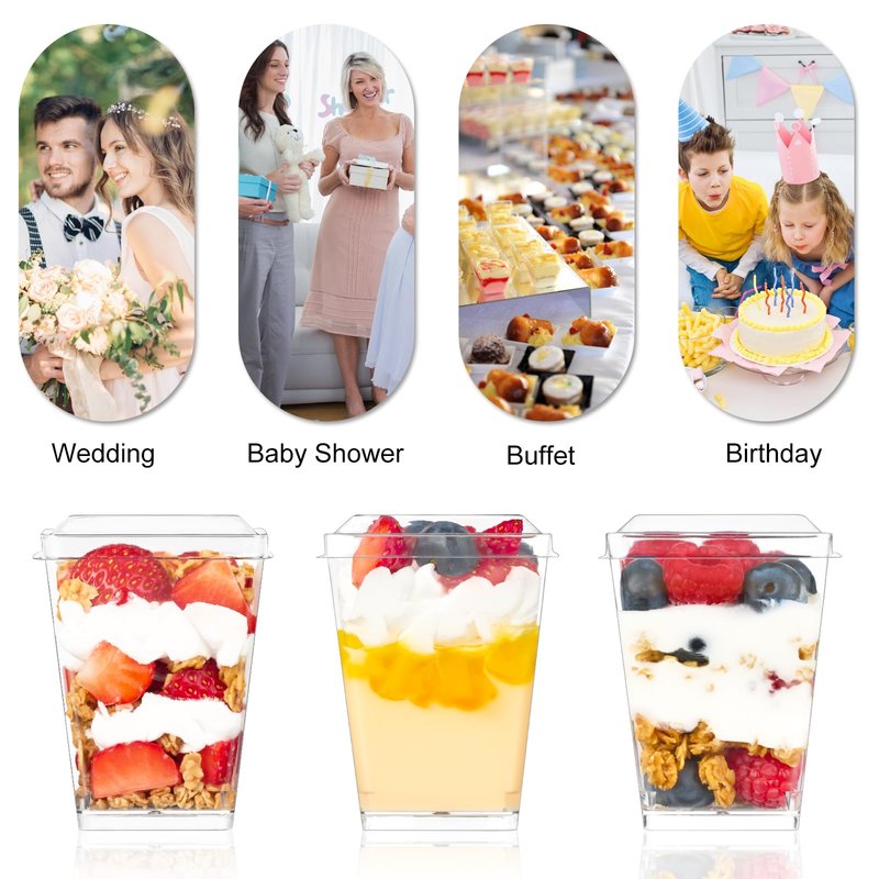 Soelomu 100 Pack 5 oz Plastic Dessert Cups with Lids and Spoons, Mini Parfait Cups Clear Dessert Shooter Cups for Banana Pudding, Jello, Fruit, Appetizer, Trifle