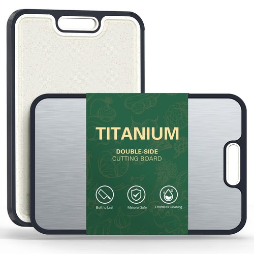 Titanium Cutting Board, Double-Sided Titanium & Straw Plastic Cutting Board, Durable Titaniums Cutting Boards for Kitchen with Deep Juice Grooves & Built-in Handles, Ideal Kitchen Gifts-Black