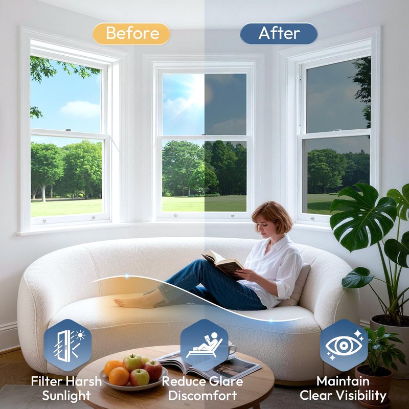 rabbitgoo One Way Privacy Window Film Window Tint for Home with Tools, UV Blocking Heat Control Static Cling No Glue, Daytime Privacy See Out Not in, 23.6 in X 13.1 Feet, Black Silver