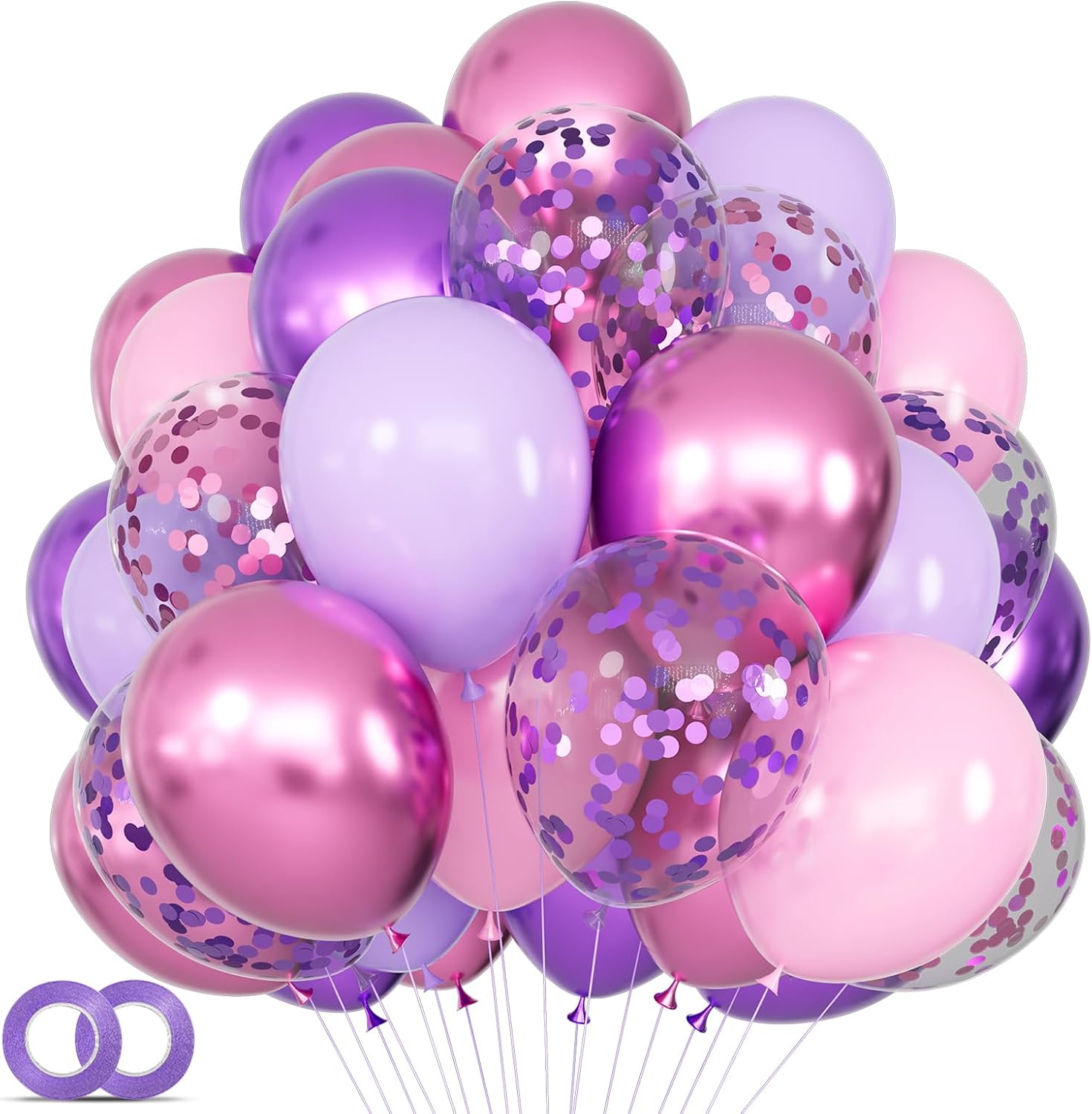 Skiennix 68Pcs Pink & Purple Balloons - 12 Inch Metallic Latex Balloons with Ribbons for Parties
