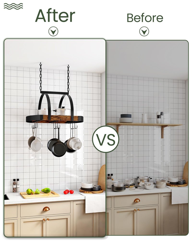 CHOEZON Hanging Pot Rack, Pot Hanger for Kitchen, Ceiling Mounted Pot Holder, Cookware Organizer with 9 S-Shaped Hooks, for Pot, Pan Storage, Space-Saving, Rustic Brown and Black TPR07BF