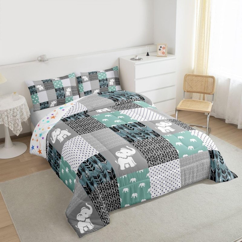 Feelyou Cute Elephant Comforter Boho Buffalo Check Plaid Bedding Set for Boys Girls Women Men Famhouse Geometric Comforter Set Teal Gray Bohemian Arrow Room Decor Twin Size Quilt 2Pcs Boys
