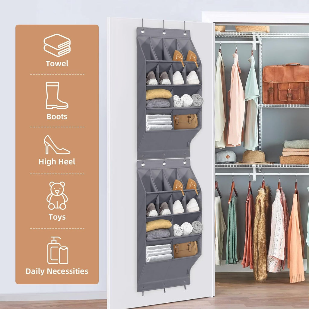Storage Maniac Over Door Shoe Organizer - 12 Pocket Hanging Rack for Closet & Dorm | Grey