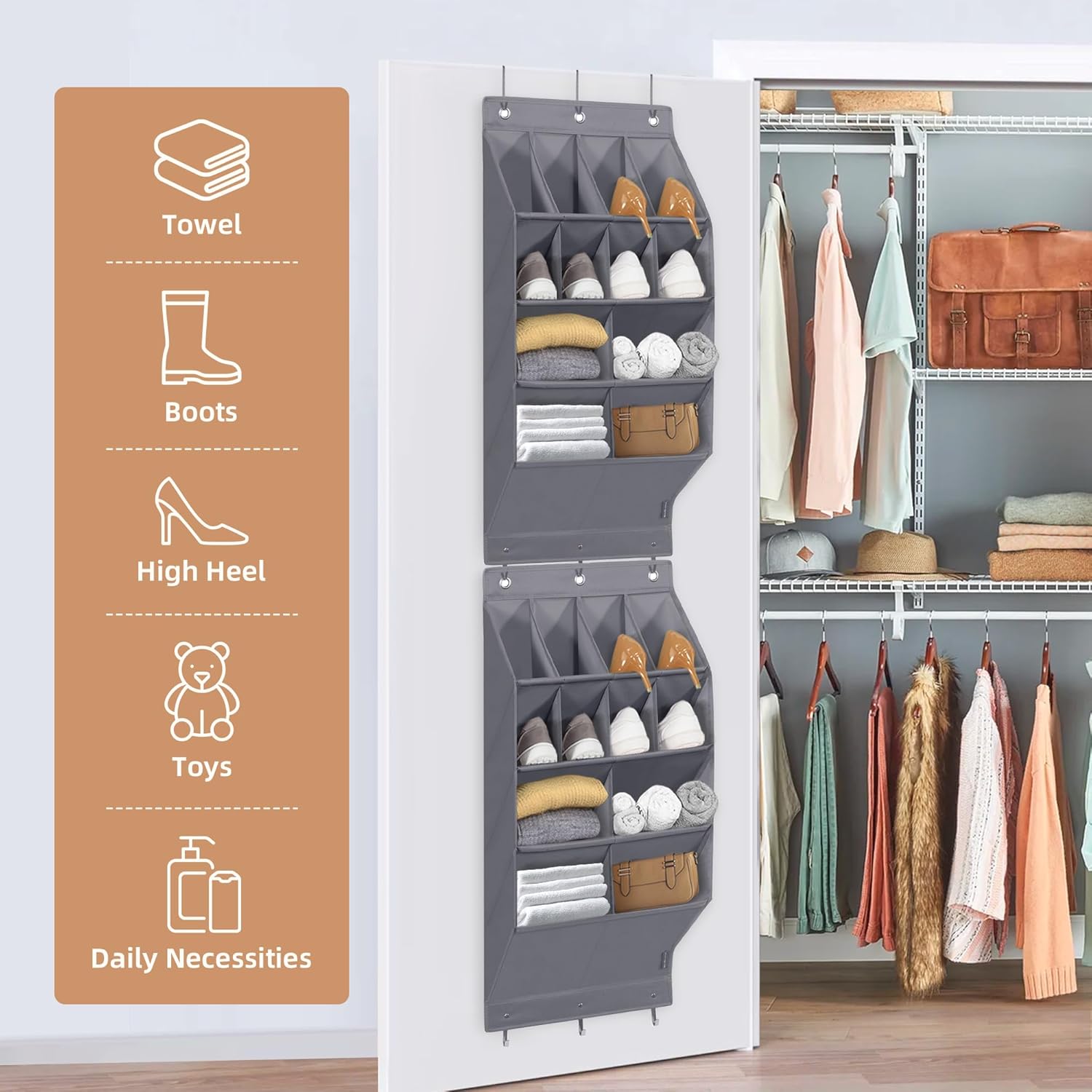 Storage Maniac Over Door Shoe Organizer - 12 Pocket Hanging Rack for Closet & Dorm | Grey