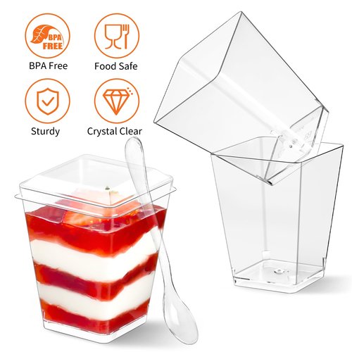 Soelomu 5 oz Plastic Dessert Cups with Lids and Spoons, 100 Pack Mini Parfait Cups Clear Dessert Shooter Cups for Banana Pudding, Jello, Fruit, Appetizer, Trifle