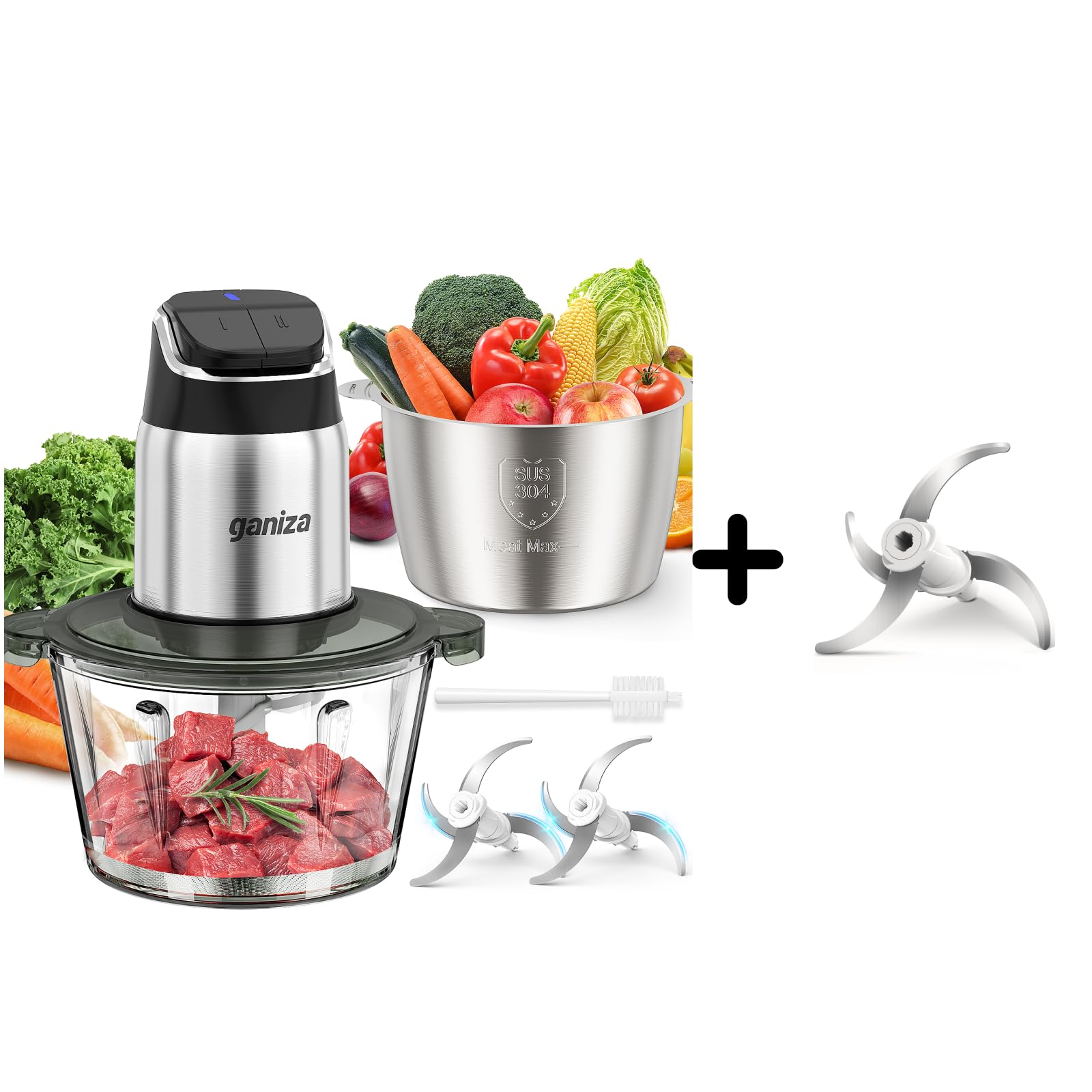 GANIZA Food Processors, Electric Chopper with Meat Grinder & Veggie Chopper - 2 Bowls (8 Cup+8 Cup) with Powerful 450W Copper Motor - Includes 3 Sets of Bi-Level Blades