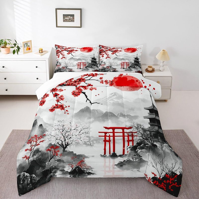 Feelyou Japanese Style Comforter Set Twin Size Kids Red Cherry Blossoms Bedding Set for Boys Girls Teens Mount Fuji Torii Comforter Breathable Ink Painting Duvet Set Sunset Quilt Set