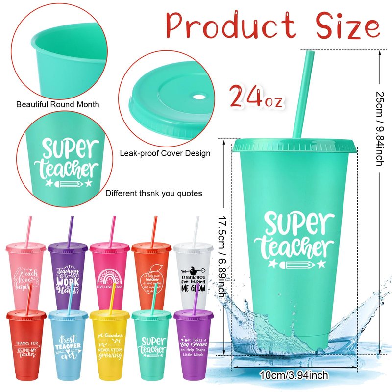 SiliFine 30 Sets Thank You Teachers Appreciation Gifts Bulk, 24 oz Plastic Tumblers with Lids and Straws Reusable Coffee Cups with Silicone Keychains, Bow-knots and Cards(Appreciated)