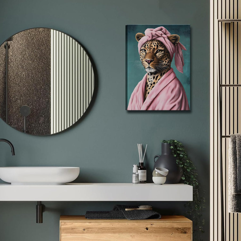 Regine Switzerland Funny Leopard Bathroom Wall Art Set - Eclectic Animal Canvas Prints | 12x16 Inch Framed Decor