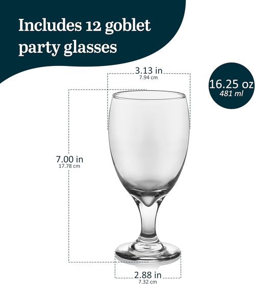 Libbey Classic Glass Goblets - Set of 12 Dishwasher Safe 16.25 Oz Stemmed Drinking Glasses | Perfect for Tea, Sangria, and Parties