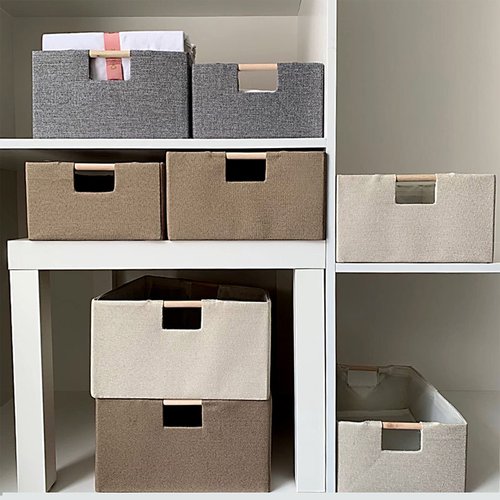 ANMINY 4PCS Storage Baskets for Organizing Collapsible Fabric Storage Bins Boxes with Wood Handles Closet Shelves Cube Organizer Bins Clothes Laundry Storage Container - Large, Beige