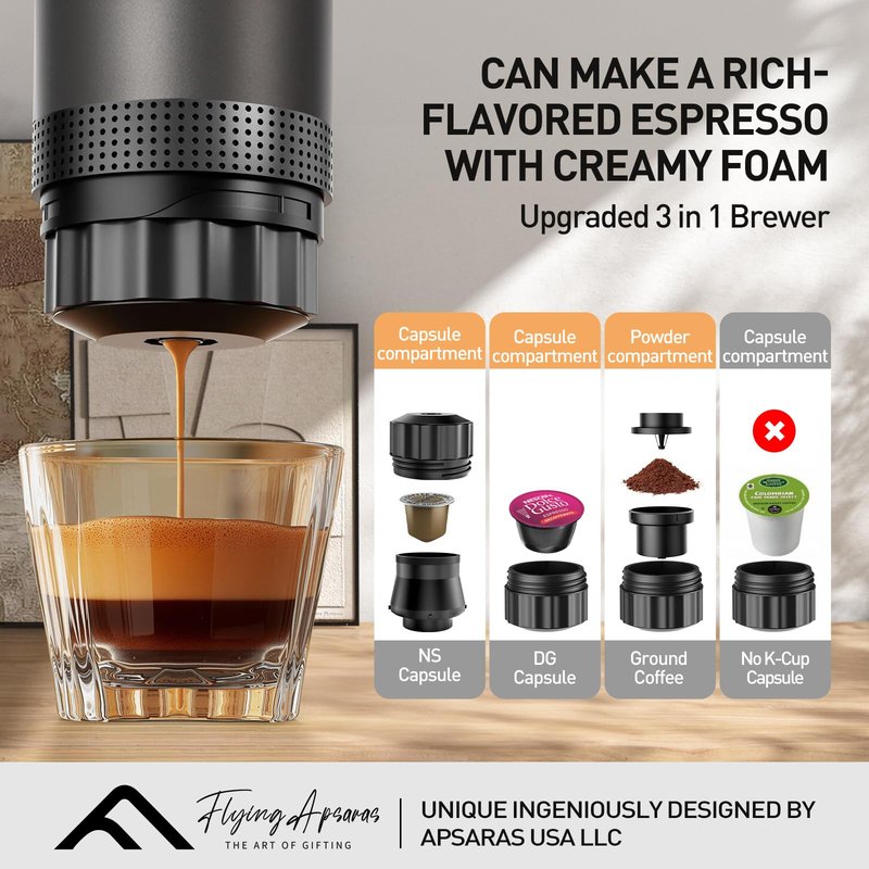 APSARAS USA Portable Coffee Maker for Travel, Portable Espresso Maker, 20 bar Mini Espresso Machine, 3in1 Travel Coffee Maker with Ground Coffee & Capsule(Ns&DG) for RV, Camping, Car