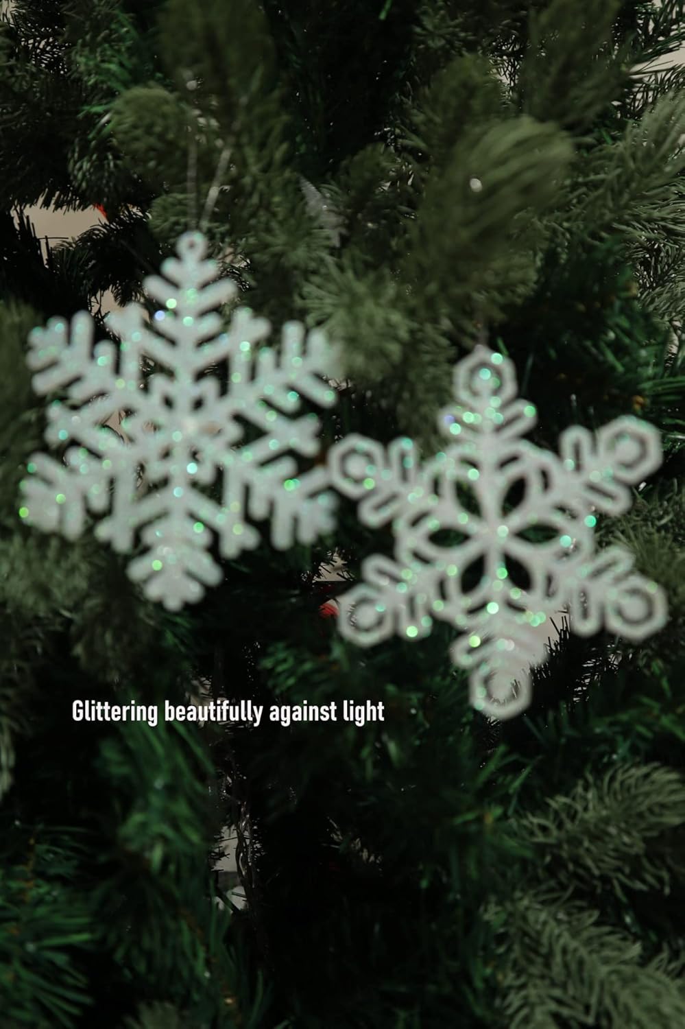 Skiennix 48pcs Pre-Strung White Snowflake Ornaments - Iridescent Glitter Christmas Tree Decor