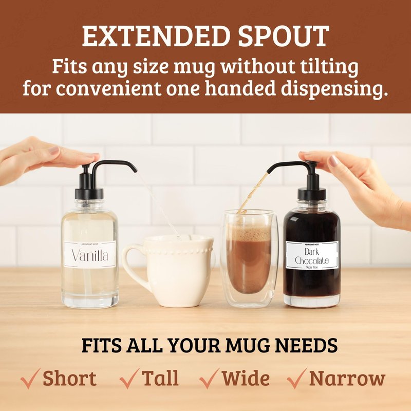 Coffee Syrup Dispensers, Set of 2, Coffee Syrup Bottles with Pump and Labels, 500 ml, Espresso Bar Accessories, Glass Bottles with Pump, Black Upgraded Dispenser, 16.9 oz