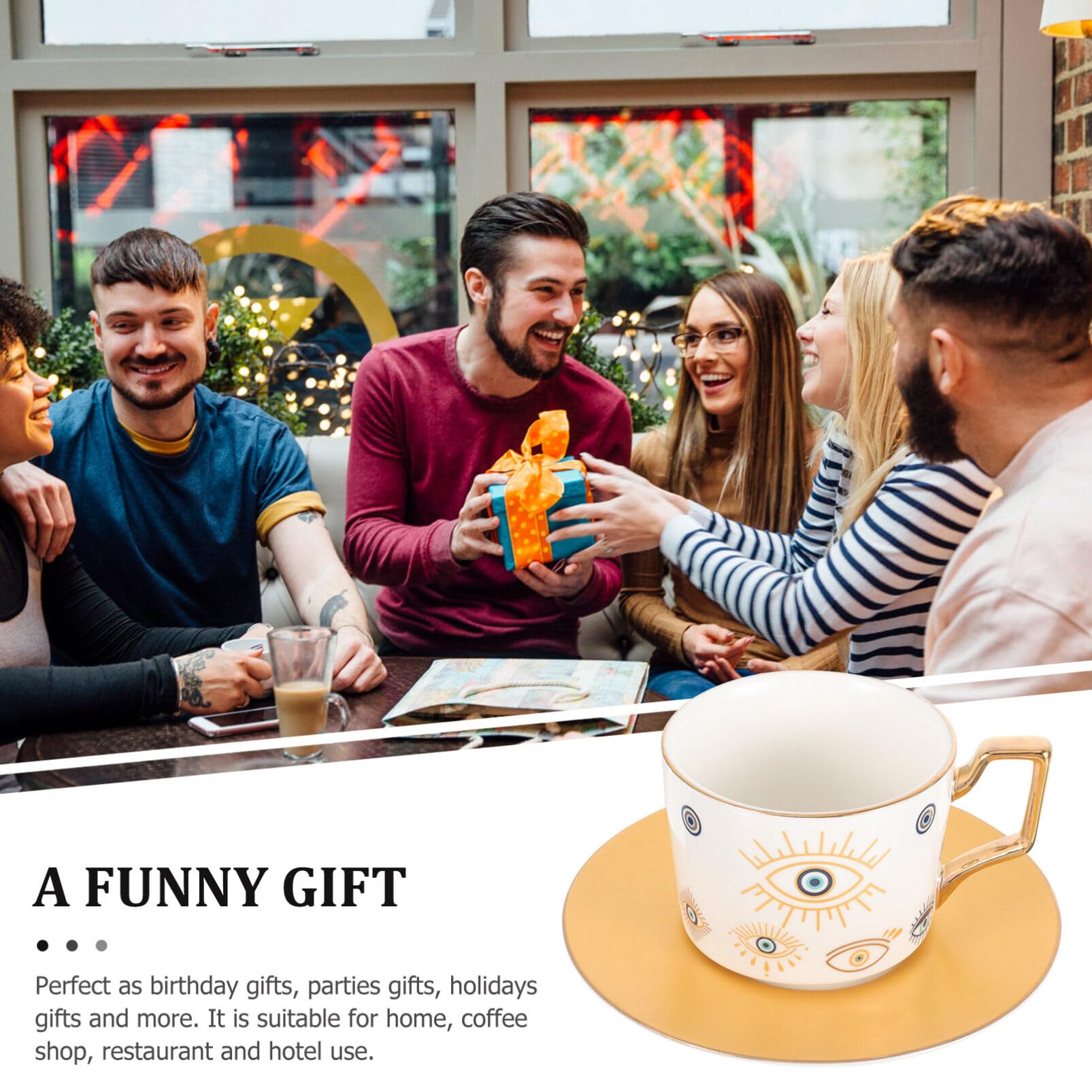 BESTonZON Evil Eye Ceramic Coffee Cup and Saucer Set Stylish Porcelain Tea Mug Kit for Home and Office Unique Latte and Tea Drinkware with Turkish Design 6-Inch Diameter