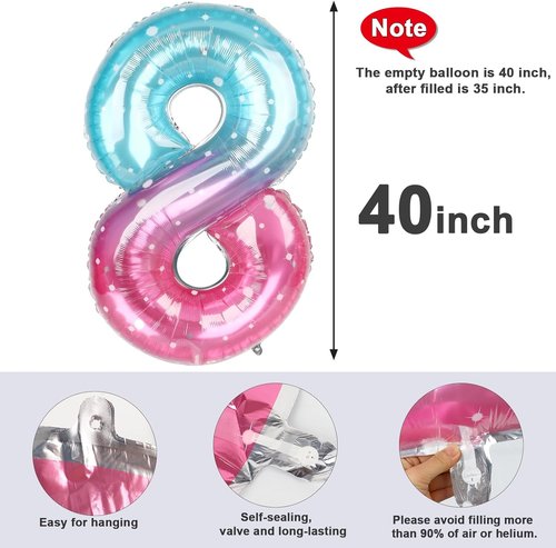40 Inch Number 8 Balloon - Pink, Purple & Blue Birthday Decorations for Men & Boys