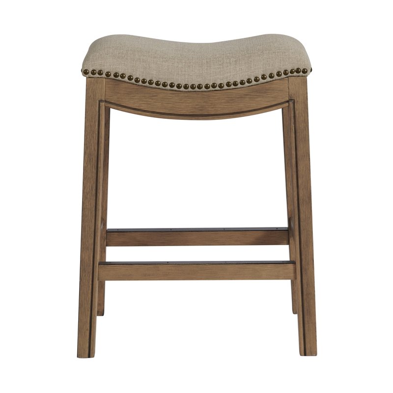 Williston Counter Height Stool – 26” Tall Backless Saddle Seat with Linen-Like Upholstery, Solid Rubberwood Frame in Natural Wire-Brush Finish, Metal Kick Plate & Footrest for Kitchen Island or Bar