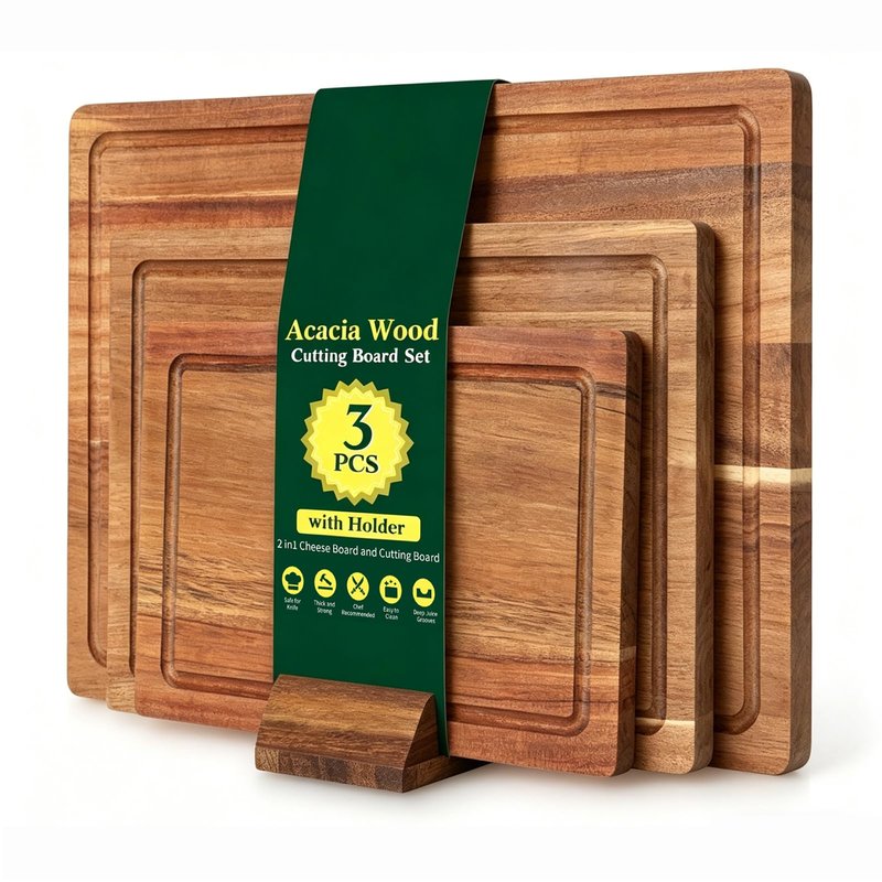 Acacia Wood Cutting Boards for Kitchen Set of 3, Chopping Board with Holder, with Deep Juice Groove Grip Handles, Charcuterie Boards, for Meat, Vegetables and Fruits and Cheese (Set B of 3)