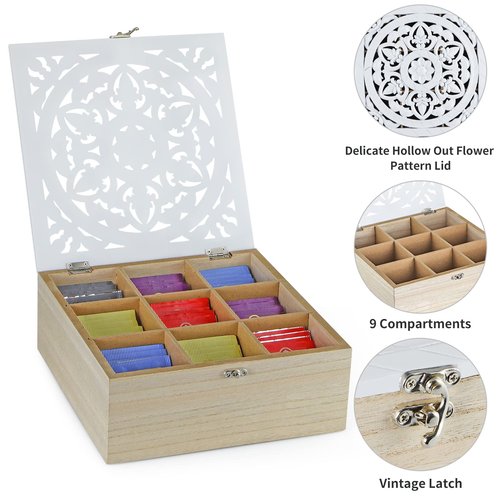 MOLIGOU Wood Tea Bag Organizer, 9 Compartment Tea Storage Box with Floral Pattern Lid, Tea Holder Box for Cabinet, Pantry