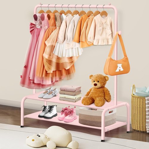 Mirolam Kids Clothing Rack - Dress Up Storage Solution for Little Girls - Small Costume Wardrobe with 2 Fabric Shelves
