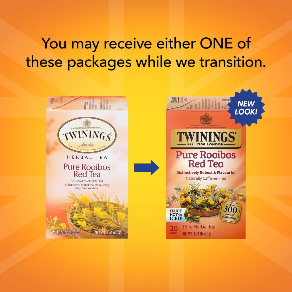 Twinings Pure Rooibos Red Tea - Naturally Sweet & Tangy Caffeine-Free Herbal Tea Bags, 20 Count (Pack of 2)