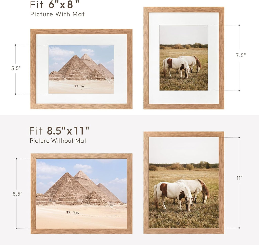Solid Oak Picture Frame by [Brand Name] - 8.5x11 with Mat for 6x8 Opening | Natural Wood for Wall/Tabletop Display