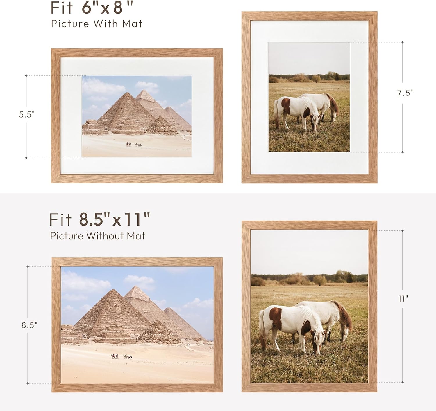 Solid Oak Picture Frame by [Brand Name] - 8.5x11 with Mat for 6x8 Opening | Natural Wood for Wall/Tabletop Display