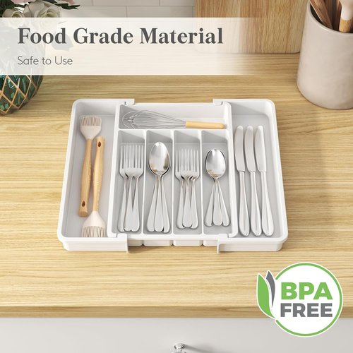 Lifewit Expandable Silverware Drawer Organizer - BPA-Free Utensil Tray for Kitchen | Adjustable Storage, 8.5-14 x 12", White