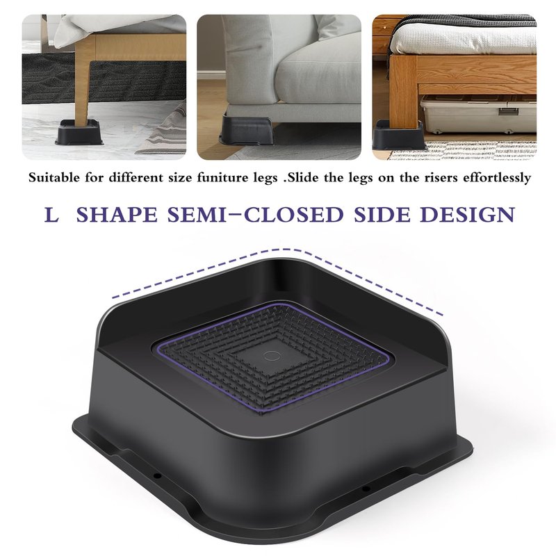 Sunifier Bed Risers 2 inch Heavy Duty 4 Pack, L Shape Furniture Risers 2 inch Support 5000LBs, Oversized Lifts Risers for Dorm Beds Frame, Sofa, Desk, Couch, Chairs Legs (Black 4-Pack,2 inch)