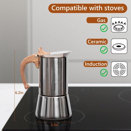 JingleChoo Induction Moka Pot, Stainless Steel, Stovetop Espresso Coffee Maker, 4 Cup/200ml/7.0oz, Easy to Use and Clean, Camping Home Use | for Mocha Cappuccinos, Lattes
