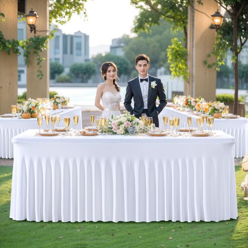 Besutolife White Tablecloths for Rectangle Tables 6ft Spandex Table Skirt One-Piece Wrinkle-Resistant Ruffles Design for Banquets Parties Wedding Dining Table