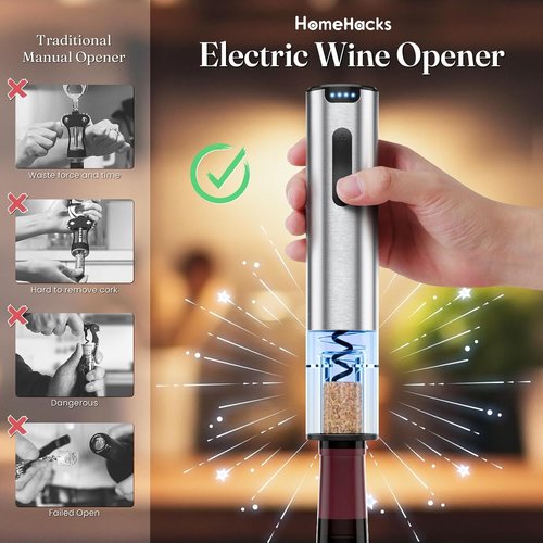 HomeHacks Electric Wine Opener - Automatic with Foil Cutter & Vacuum Stopper | Rechargeable Gift for Wine Lovers