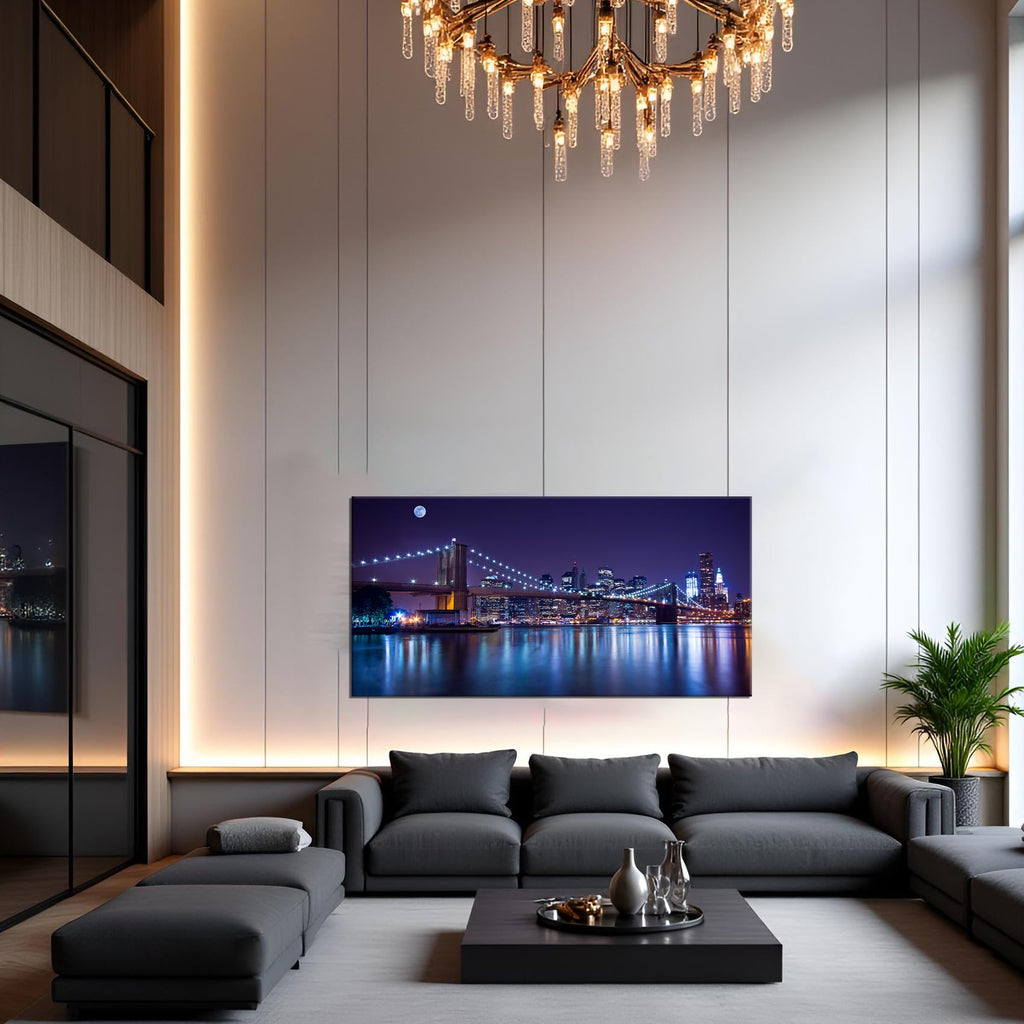 sechars - Brooklyn Bridge Canvas Wall Art Modern New York City Picture Print Manhattan Skyline with Full Moon Painting for Home Office 24"x48"