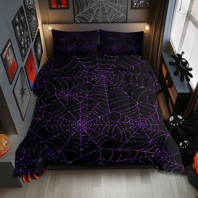 Spider Web Comforter Set Queen Size Geometric Purple Glitter Lines Bedding Set 3Pcs Halloween Quilt Set for Kids Girls Boys Women Room Decor Exotic Hippie Black Duvet Insert,2 Pillowcases