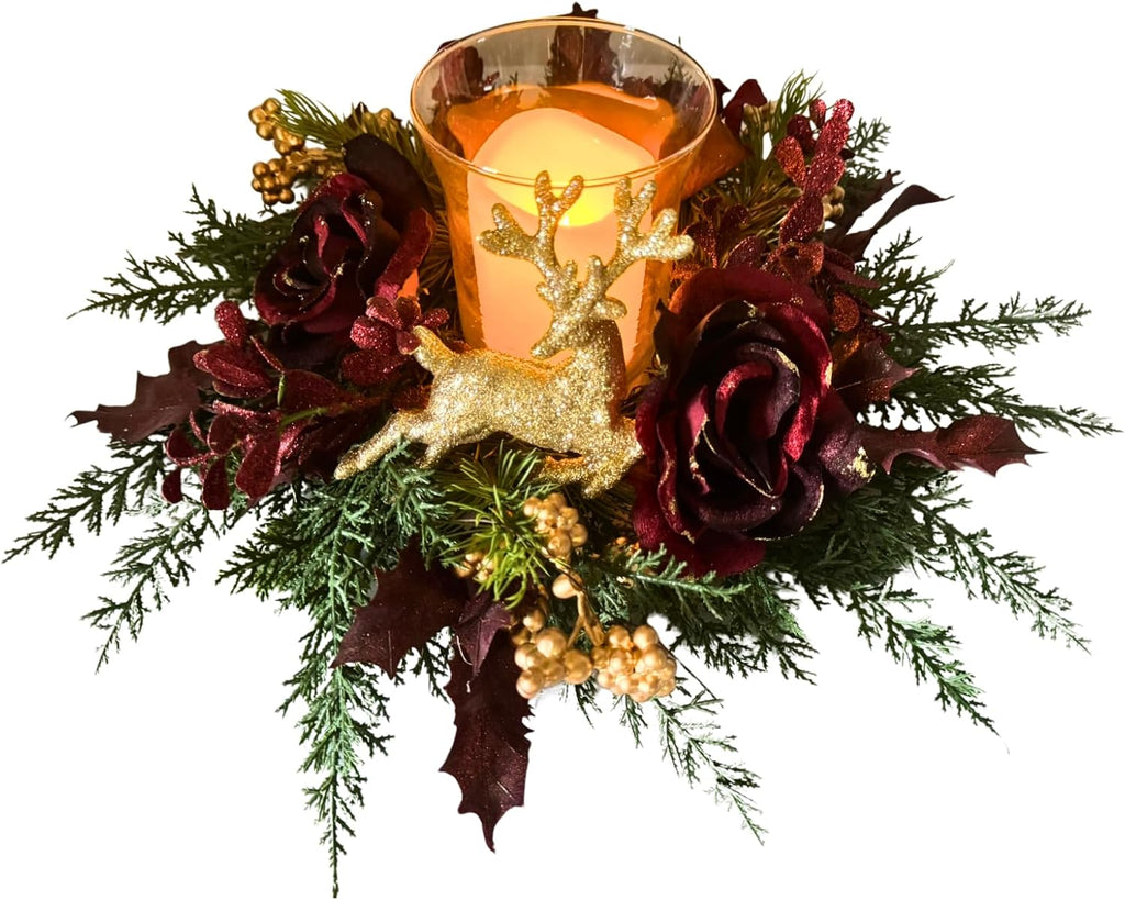 Svndlyn Christmas Glass Candle Holder - Glittery Rose & Reindeer Figurine Decor | Holiday Table Centerpiece