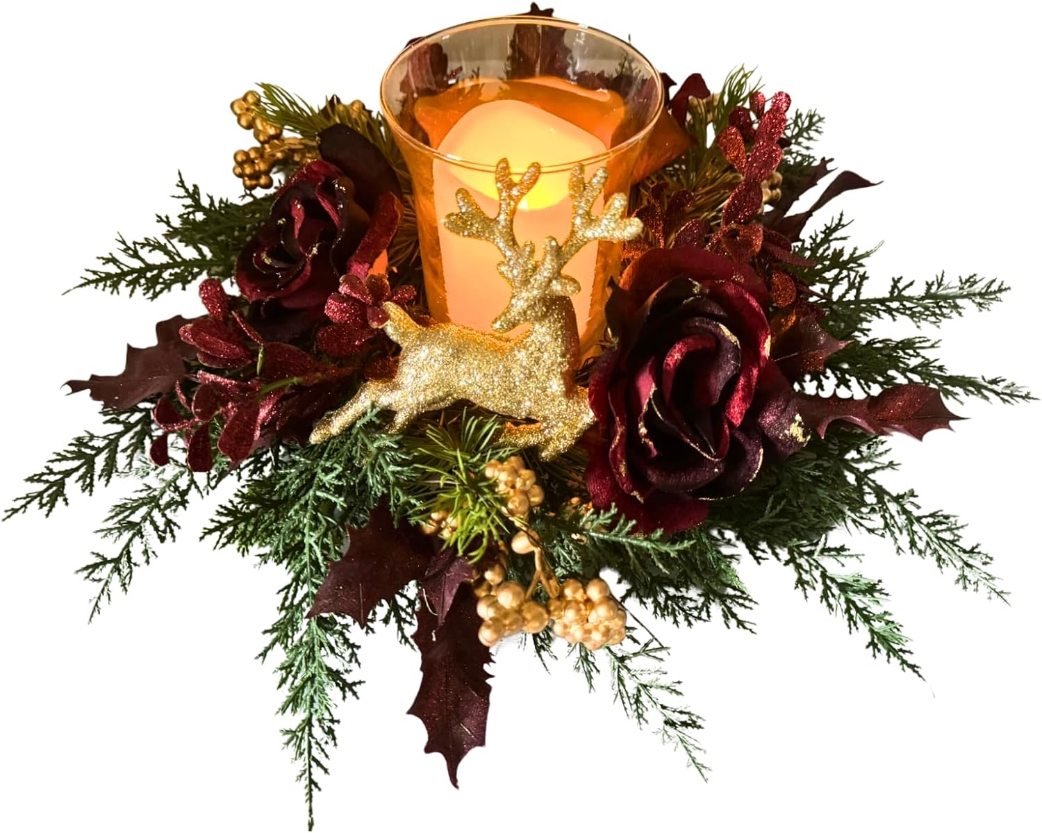 Svndlyn Christmas Glass Candle Holder - Glittery Rose & Reindeer Figurine Decor | Holiday Table Centerpiece