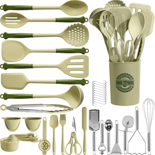 Kikcoin 43Pcs Kitchen Utensils Set - Heat Resistant Silicone Cooking Tools | Dishwasher Safe, Avocado Green